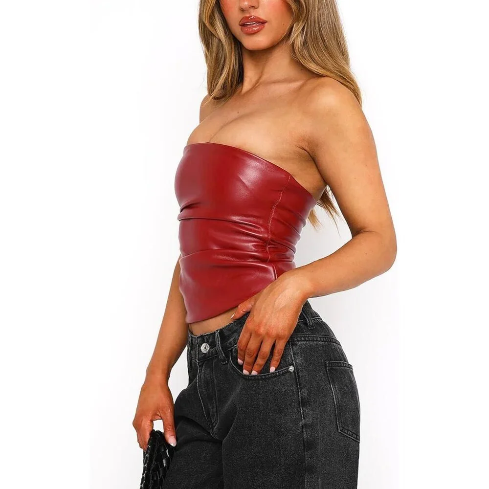 Women Faux Leather Sexy Ruched Strapless Tube Top for Night Out Party - Picture 4 of 6